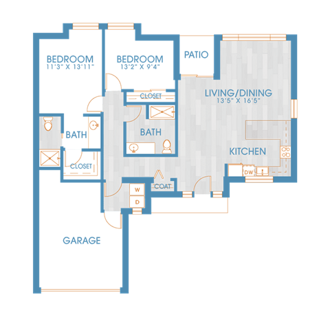Floor plan for 2 beds, 2 baths, 1314 sqft